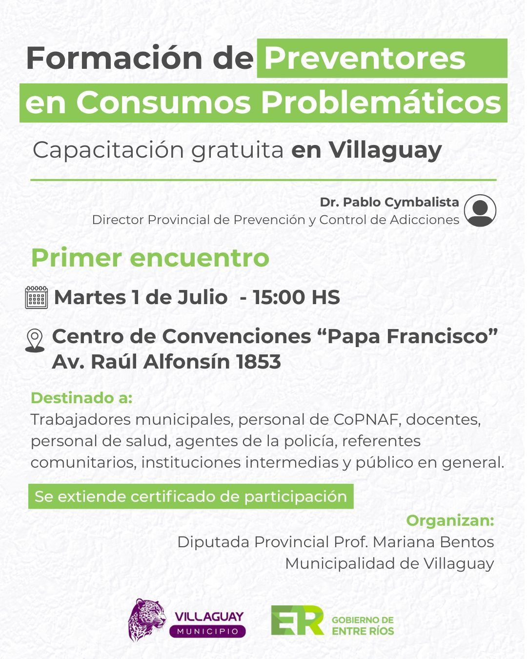 Nueva capacitación gratuita en Villaguay: Formación de preventores en consumos problemáticos